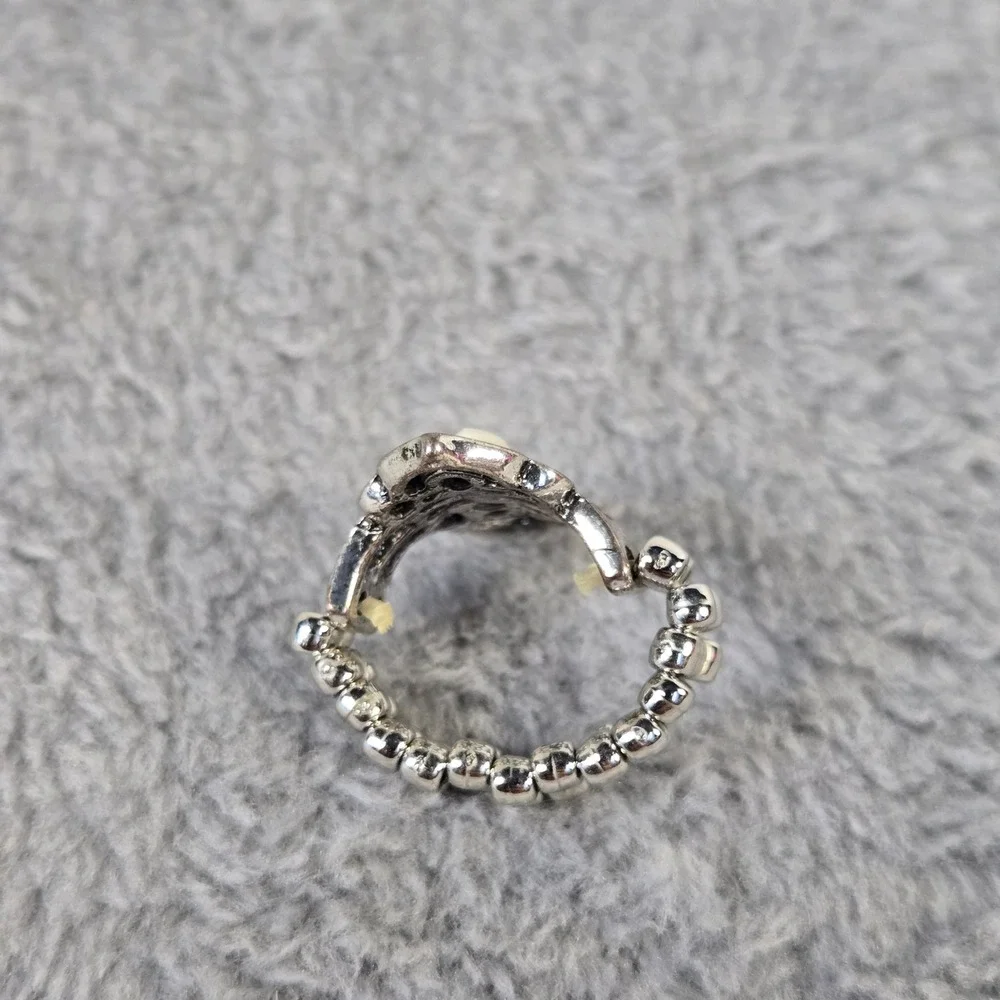 Boho Silver Tone Lotus Flower Stretch Ring White Stone Statement Jewelry